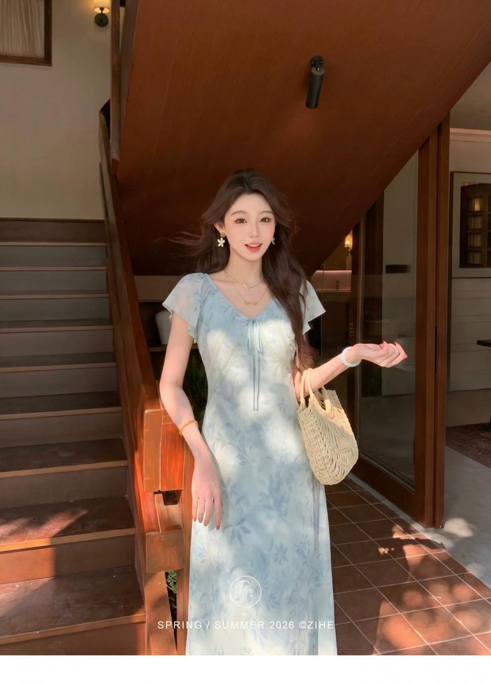 ワンピース ドレス 半袖 花柄 春夏 カジュアル Vネック 春 夏 リゾート ロング フリル ピンク オレンジ Aライン