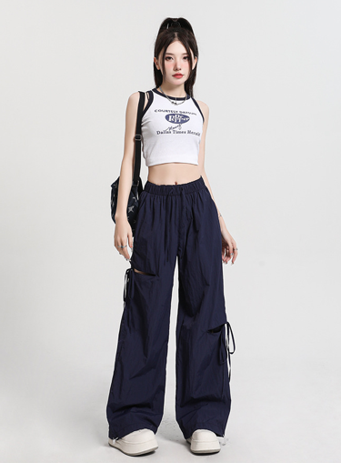 カットアウト レディース パンツ ボトムス ロングパンツ ワイドパンツ ロング ワイド ストレート フェミニン ストリート リボン ポケット ウエストゴム ドロスト アメカジ かわいい 大人可愛い シンプル カジュアル おしゃれ こなれ感 ラフ 抜け感 キュート 無地 春 夏 秋 学生 学校 通学 デート お出かけ アウトドア 旅行 公園 女子会 休日 ライブ カフェ フェス 韓国 オルチャン コーデ 楽ちん 体型カバー 普段使い 着回し インスタ映え S M L XL ブラック カーキ 水色 ネイビー