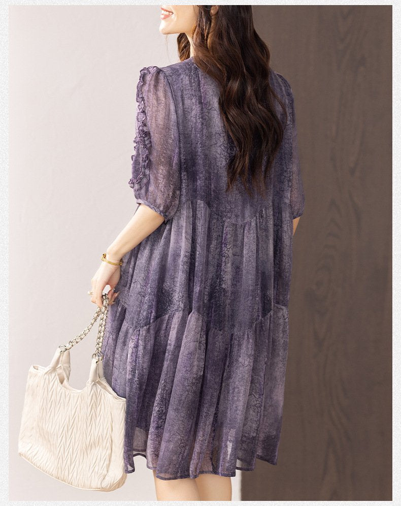 ワンピース 半袖 春夏 きれいめ 春 夏 ラウンドネック ミモレ シフォン 上品 ハイウエスト