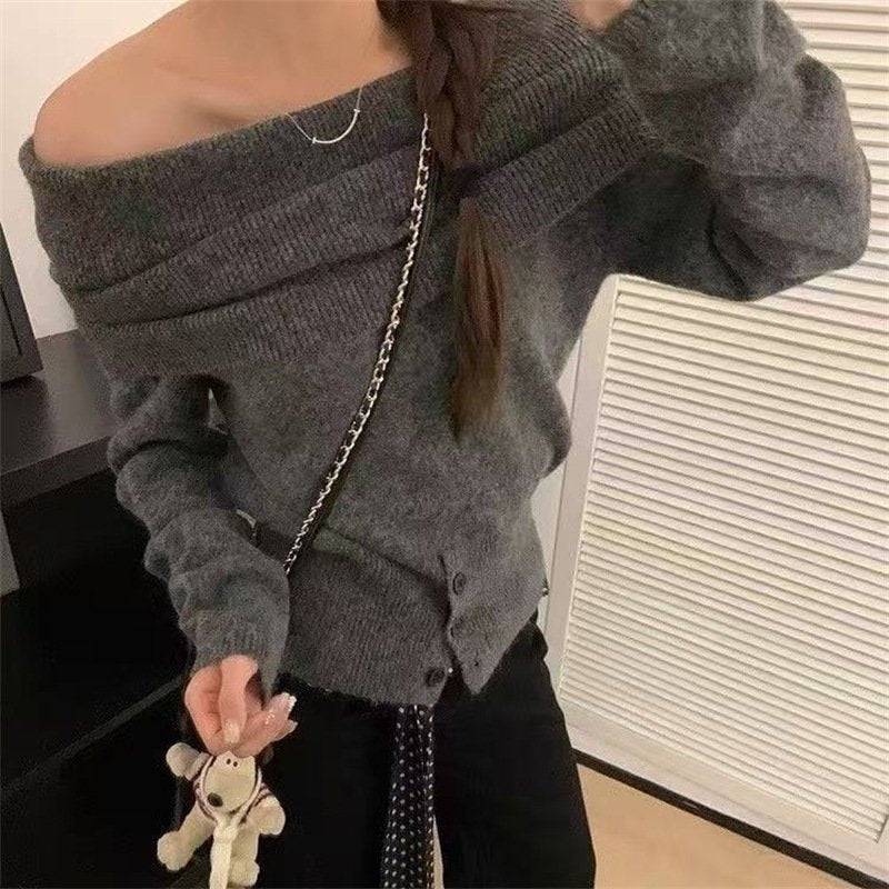 レディース トップス ニット 長袖 無地 ゆったり 秋冬 秋 体型カバー ミニ 膝丈 シンプル 冬 セーター オフショルダー プルオーバー フェミニン
