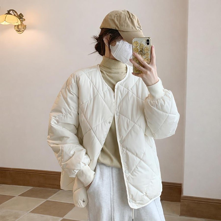 レディース ジャケット 長袖 チェック柄 無地 ゆったり コットン 綿 春 秋冬 カジュアル きれいめ ショート ラウンドネック 秋 シンプル 冬 ダウン 上品 ノーカラー ポリエステル ダウンジャケット