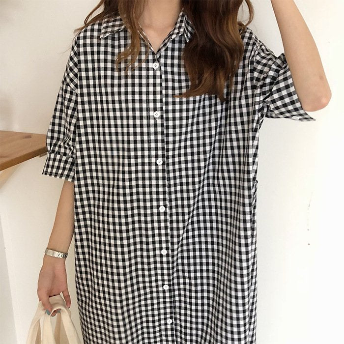 ワンピース 半袖 チェック柄 春夏 きれいめ 通勤 春 夏 ロング 襟付き 切り替えデザイン