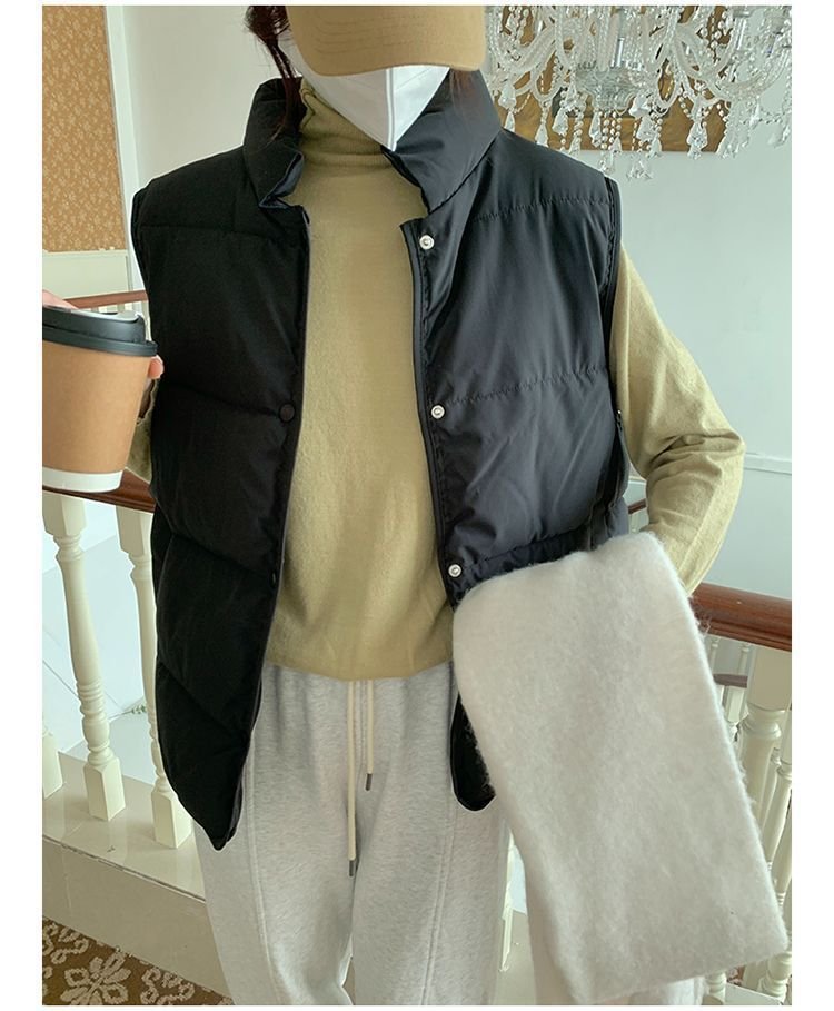 レディース ベスト ノースリーブ 無地 ゆったり コットン 綿 秋冬 秋 ミニ 膝丈 シンプル 冬 ハイネック ダウン スタンドカラー フェミニン アウター ボタン