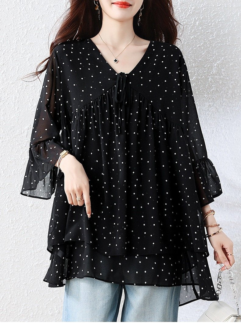 トップス ゆったり 春夏 カジュアル きれいめ 大きいサイズ Vネック 春 夏 上品 切り替えデザイン タイ レギュラー ドット