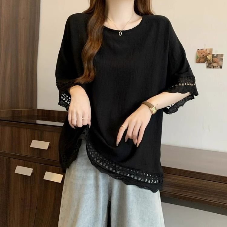 トップス 半袖 無地 ゆったり 春夏 カジュアル 大きいサイズ 春 夏 ラウンドネック レース シンプル ミモレ ポリエステル
