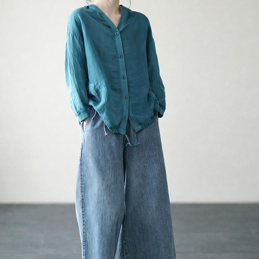 シャツ ジャケット 長袖 ゆったり コットン 綿 リネン 夏 レトロ 体型カバー 春夏 前開き 上品 フード