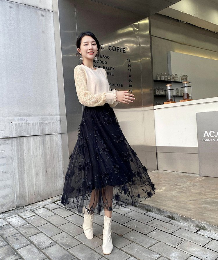 レディース スカート 無地 春 きれいめ 通勤 大きいサイズ ボトムス シンプル 刺繍 ブラック ロング Aライン 切り替えデザイン レッド ハイウエスト アプリコット ネイビー ロングスカート ポリエステル