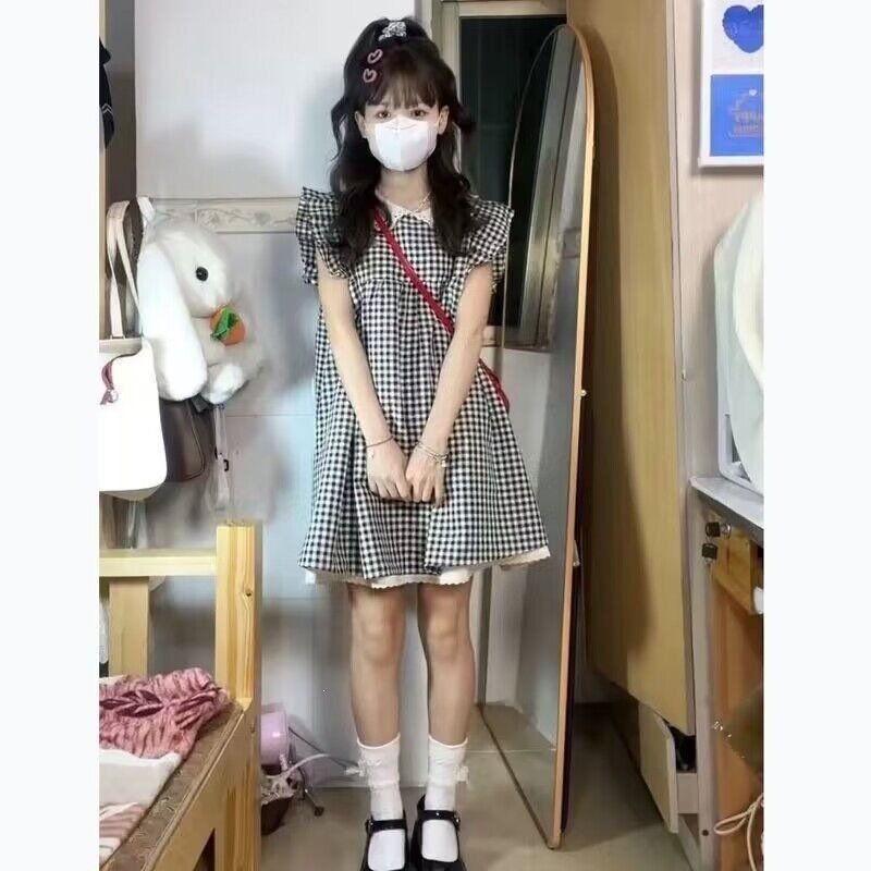 ワンピース ノースリーブ チェック柄 春夏 袖なし 春 ショート 夏 タイト フリル 細身 Aライン