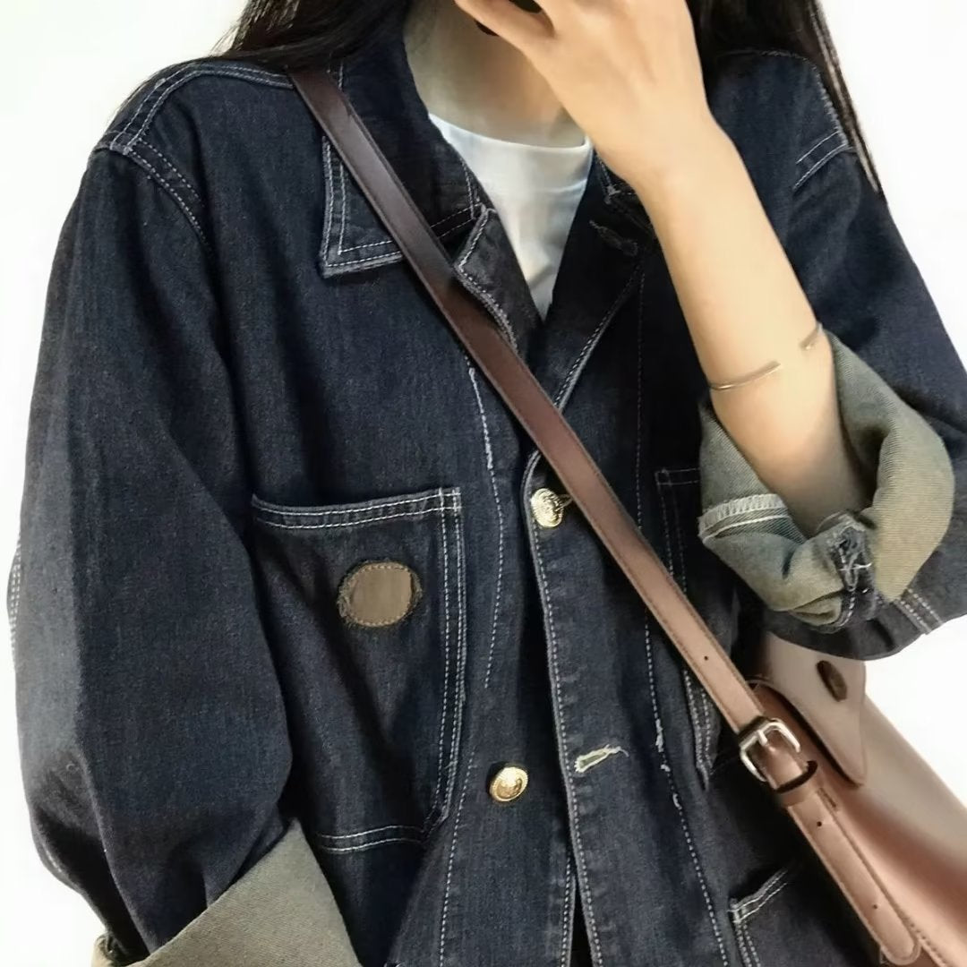 レディース シャツ トップス ジャケット 長袖 無地 ゆったり デニム 春 秋 レトロ 体型カバー 大きいサイズ 韓国風 春夏 前開き シンプル 襟付き ポケット デニムジャケット