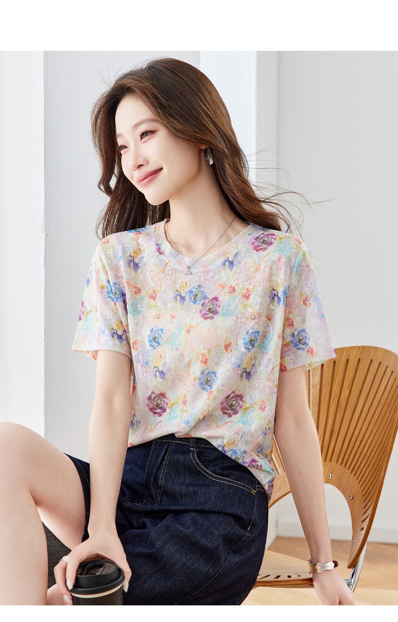 レディース トップス Tシャツ 半袖 花柄 ゆったり スリム 春夏 きれいめ おしゃれ 春 夏 膝丈 ラウンドネック 上品 クルーネック シャツ ラフ