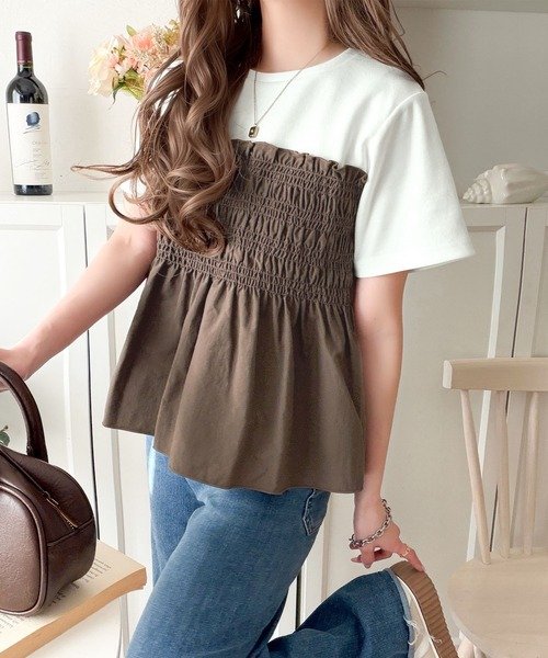 トップス Tシャツ ニット 半袖 春夏 きれいめ 通勤 春 ショート 夏 韓国ファッション シャツ 切り替えデザイン 都会的