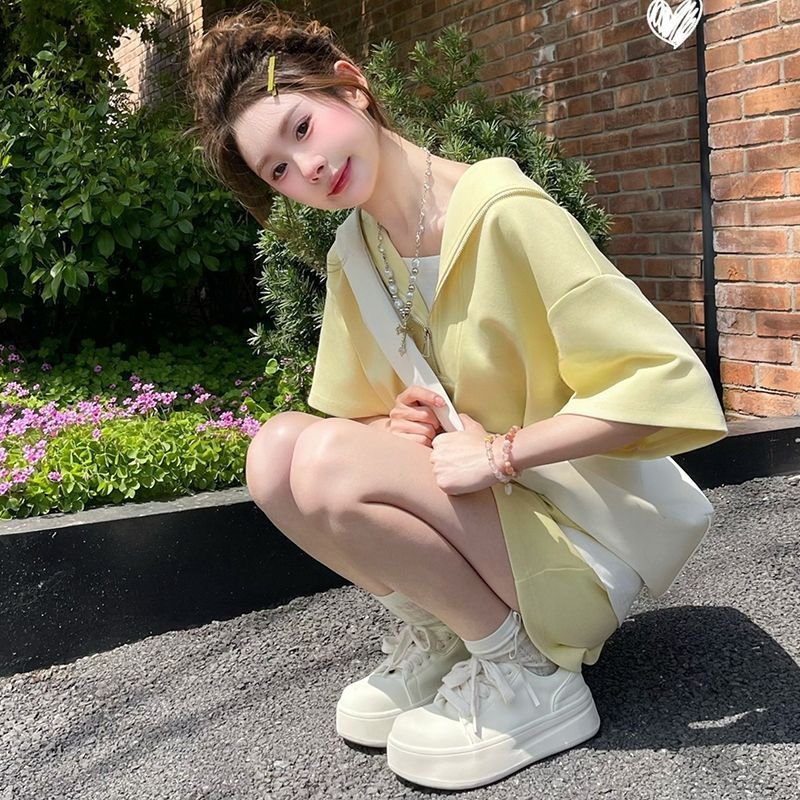 レディース 半袖 無地 ゆったり 春夏 カジュアル 春 夏 シンプル 切り替えデザイン イエロー ブルー スーツ ライトブルー セットアップ