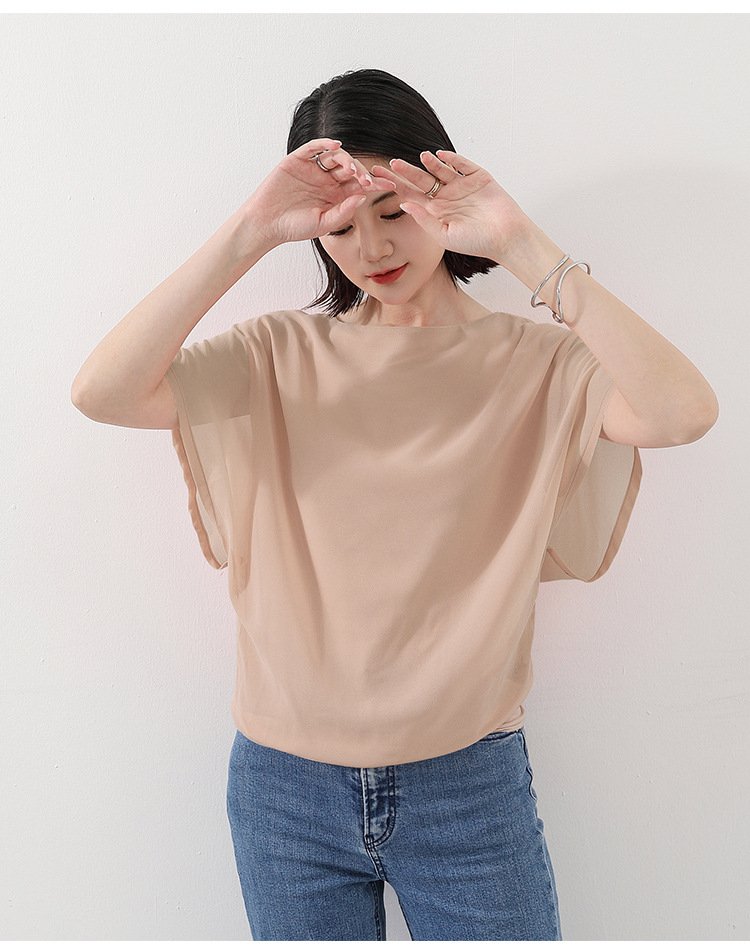 トップス Tシャツ 半袖 無地 ゆったり スリム 春夏 きれいめ 通勤 体型カバー 春 夏 ラウンドネック 上品 シフォン シャツ 薄手 丸襟 レギュラー ポリエステル