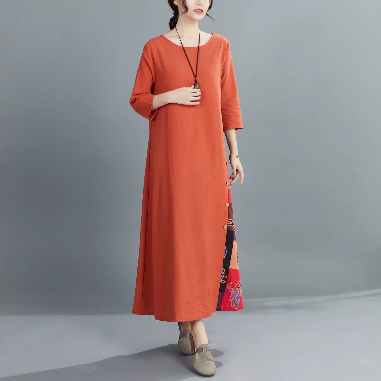 トップス 花柄 無地 春夏 きれいめ レトロ 春 夏 ラウンドネック 秋 シンプル 上品 ロング ステッチ ボタン ポリエステル