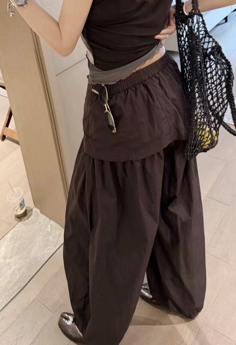 レディース パンツ ゆったり ワイド 春夏 カジュアル 春 2WAY 夏 ロング ブラウン ロングパンツ ハイウエスト 都会的 ポリエステル