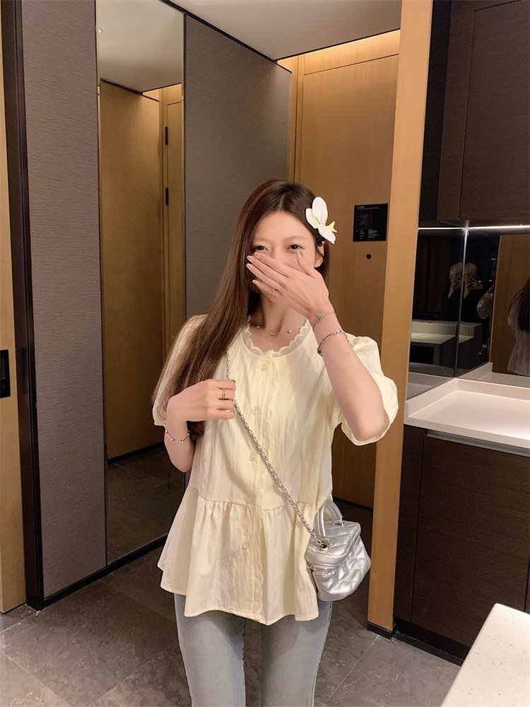 レディース シャツ 半袖 無地 春夏 レトロ 前開き 春 白 夏 ラウンドネック シンプル パフスリーブ レギュラー ポリエステル 白シャツ