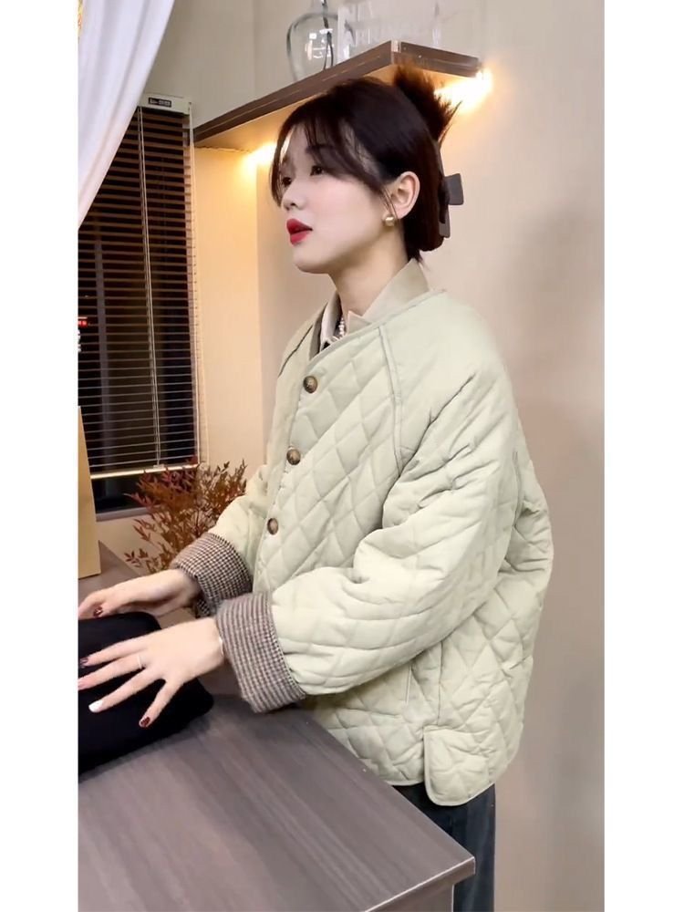 レディース ジャケット 長袖 チェック柄 コットン 綿 春夏 きれいめ 通勤 春 夏 ラウンドネック 秋 Aライン 流行 都会的 ボタン ポリエステル
