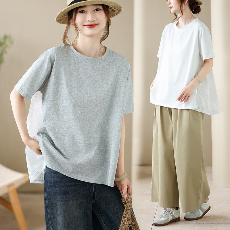 シャツ トップス 半袖 ゆったり コットン 綿 春夏 体型カバー 大きいサイズ 前開き 春 ショート 夏 レース 切り替えデザイン プルオーバー レギュラー 丸首
