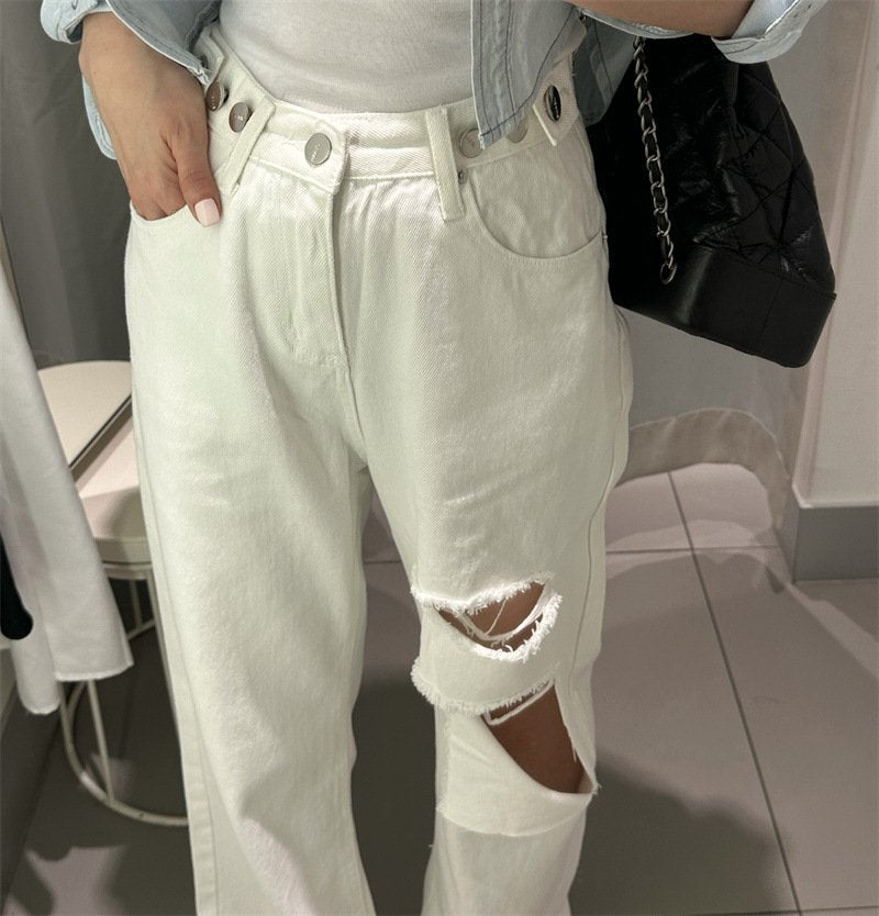 レディース パンツ ワイド コットン 綿 デニム 春夏 きれいめ 通勤 春 夏 ロング ストレート デニムパンツ ハイウエスト ヴィンテージ 都会的 ダメージ ウォッシュ