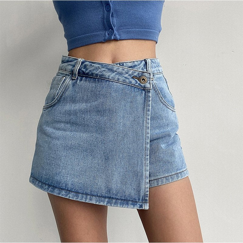 レディース パンツ スカート コットン 綿 デニム 春夏 春 ショート 夏 ショートパンツ Aライン ハイウエスト タイ ポリエステル 細見え