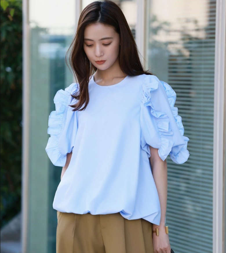 レディース ブラウス シャツ Tシャツ ボーダー ストライプ 無地 春夏 きれいめ 通勤 オフィス 前開き 春 夏 ラウンドネック シンプル シフォン フリル パフスリーブ プルオーバー シフォンブラウス