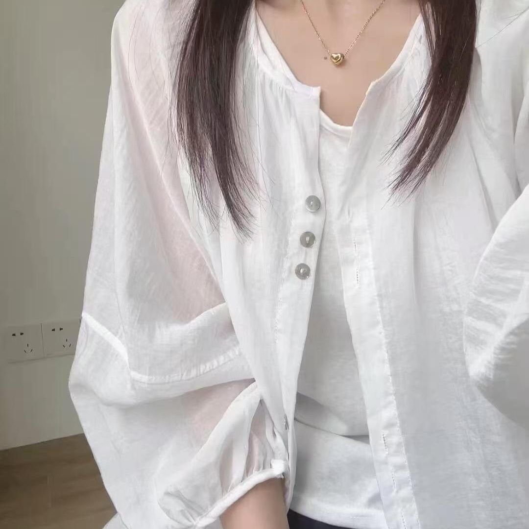 レディース シャツ カーディガン 長袖 ゆったり 春夏 カジュアル 通勤 体型カバー 重ね着 前開き 春 夏 ラウンドネック コーデ シフォン レギュラー ポリエステル UVカット