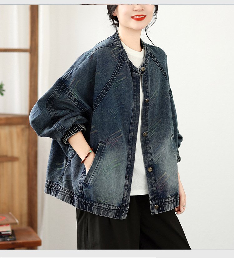 レディース カーディガン ジャケット 長袖 プリント ゆったり デニム 春夏 カジュアル レトロ 体型カバー 大きいサイズ 春 ショート 夏 ラウンドネック 秋 冬 アウター デニムジャケット 秋冬