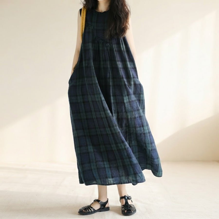 ワンピース ノースリーブ チェック柄 春夏 カジュアル きれいめ 袖なし 春 夏 ラウンドネック ミモレ フリル 上品 大きい