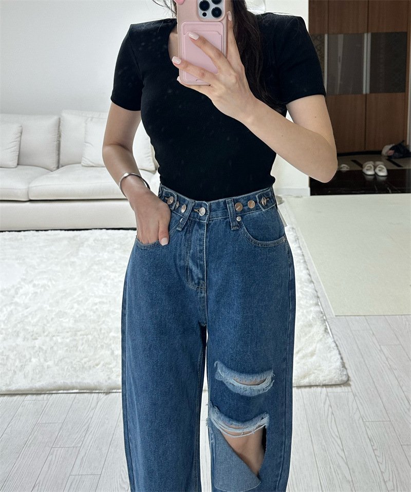 レディース パンツ ワイド コットン 綿 デニム 春夏 きれいめ 通勤 春 夏 ロング ストレート デニムパンツ ハイウエスト ヴィンテージ 都会的 ダメージ ウォッシュ