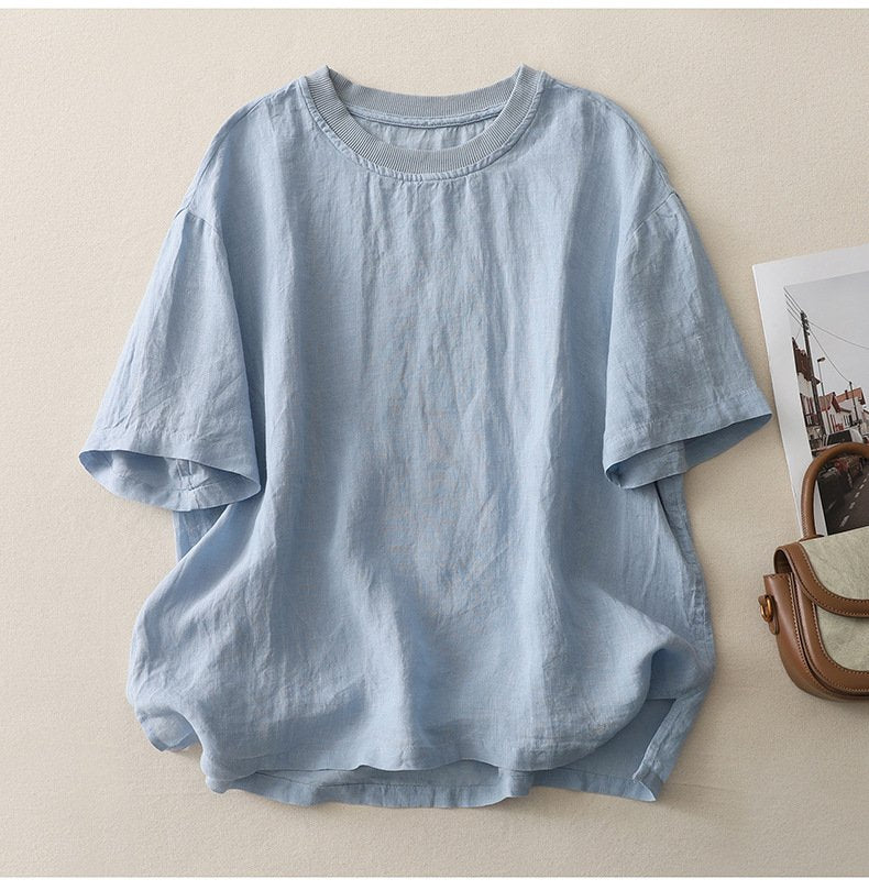 レディース トップス Tシャツ 半袖 無地 ゆったり 春夏 カジュアル レトロ 春 夏 ラウンドネック シンプル シャツ 切り替えデザイン プルオーバー リブ レギュラー ポリエステル