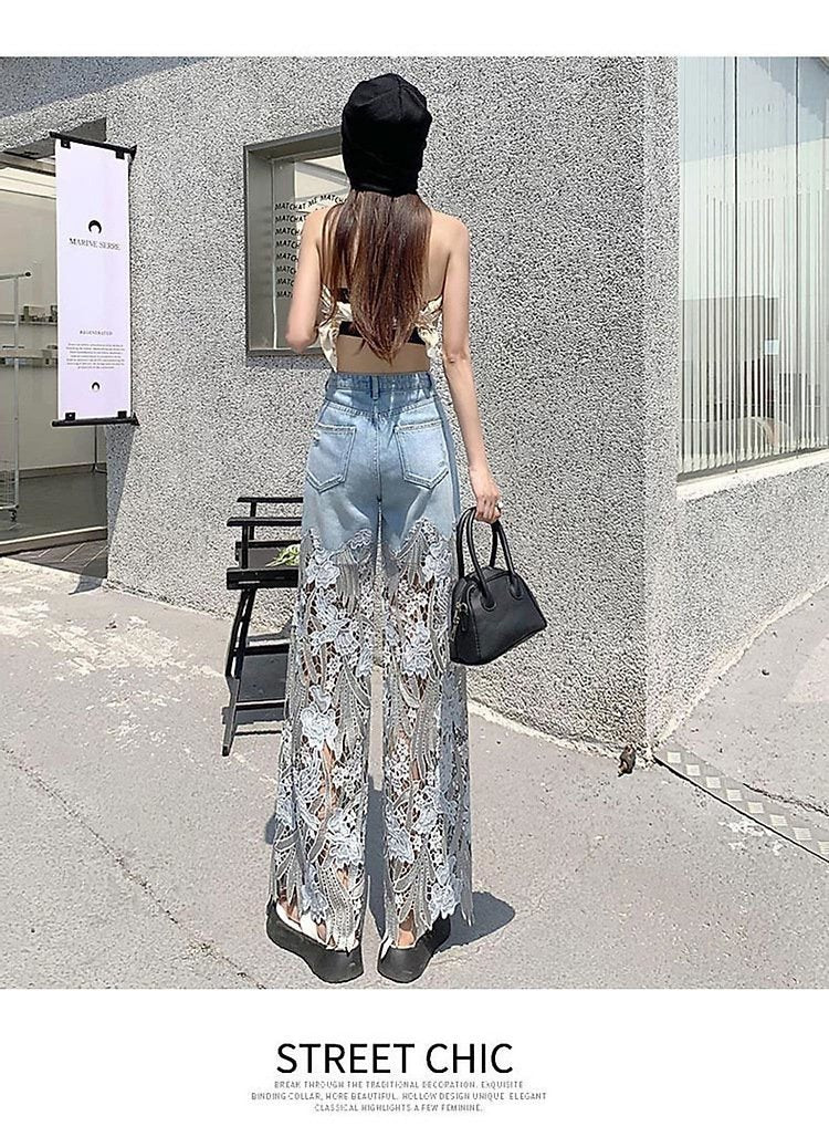 レディース パンツ ゆったり ワイド デニム 春夏 カジュアル 春 夏 レース ストレート デニムパンツ ハイウエスト ストレッチ ポリエステル