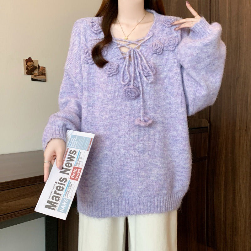 レディース トップス セーター ニット フラワー フラワーモチーフ フラワーモチーフ付き 編み上げ リボン プルオーバー ざっくり編み ゆったりシルエット 長袖 ドロップショルダー 萌袖 ワイド フェミニン かわいい 大人可愛い シンプル カジュアル おしゃれ こなれ感 ラフ ガーリー 主役級 存在感 抜け感 キュート ロマンティック ナチュラル 無地 秋 冬 デート お出かけ イベント 女子会 休日 ショッピング カフェ お家時間 重ね着 普段使い 着回し レイヤード ゆったり フリーサイズ ワンサイズ