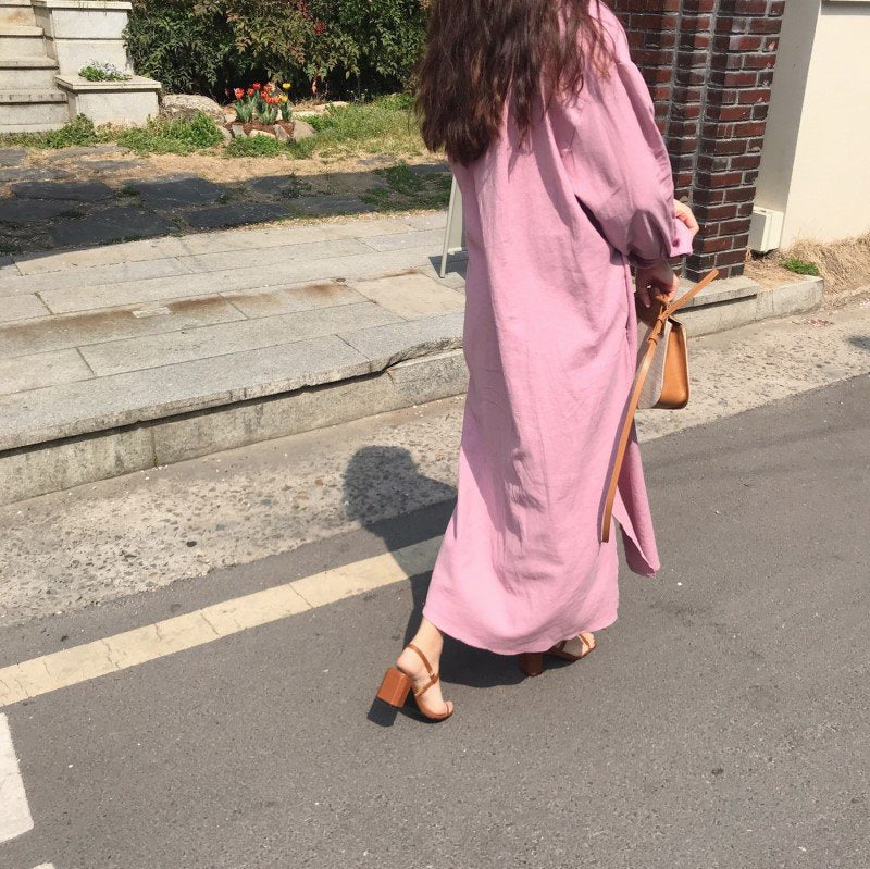 レディース ブラウス シャツ トップス 長袖 無地 ゆったり コットン 綿 麻 秋 体型カバー 韓国風 前開き シンプル ロング 切り替えデザイン 襟付き