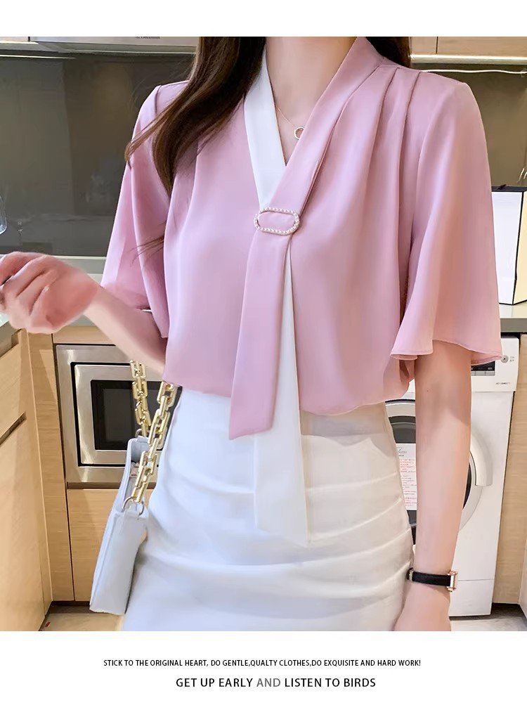 レディース ブラウス シャツ トップス 半袖 長袖 ゆったり 夏 秋冬 春夏 前開き Vネック 秋 冬 シフォン フリル ポリエステル