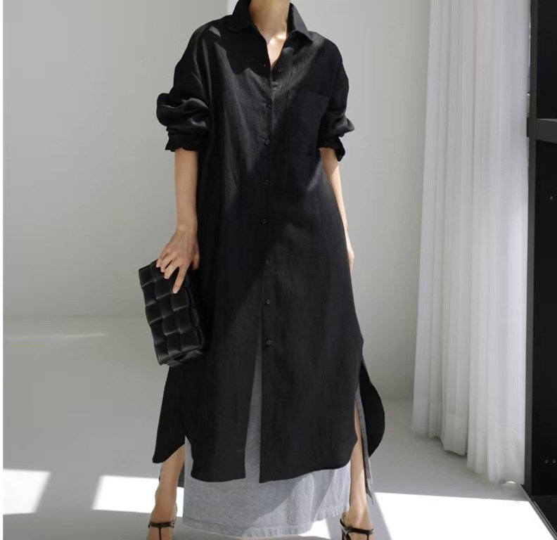 ドレス 長袖 無地 春夏 カジュアル きれいめ 春 夏 膝上 シンプル 秋 ミモレ ロング 上品 スリット ハイウエスト シック