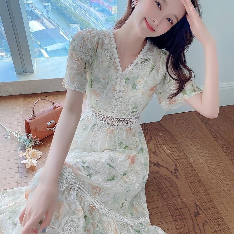 ワンピース ドレス 半袖 花柄 春夏 Vネック 春 夏 シフォン ロング タイト 薄手 細身 Aライン