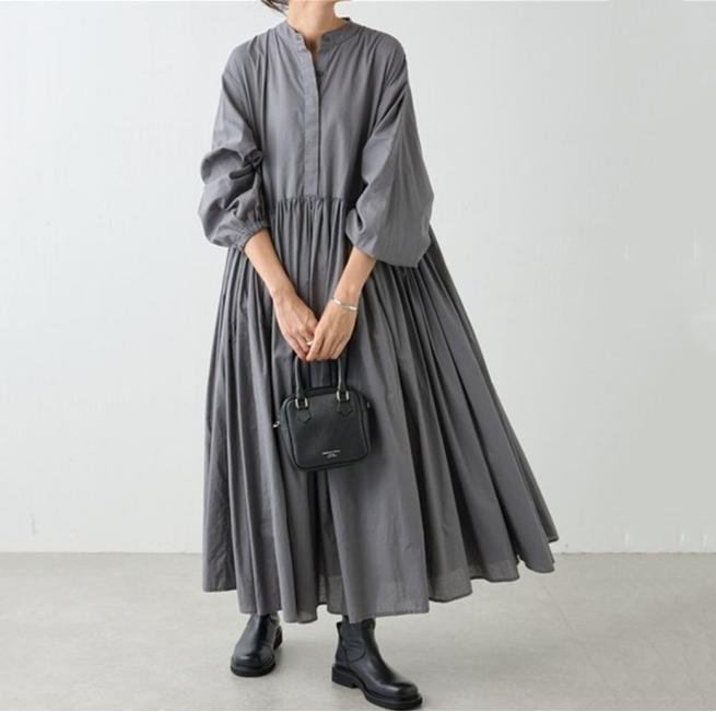 ワンピース 長袖 無地 秋 冬 カジュアル ラウンドネック シンプル ミモレ ロング 上品 大きい