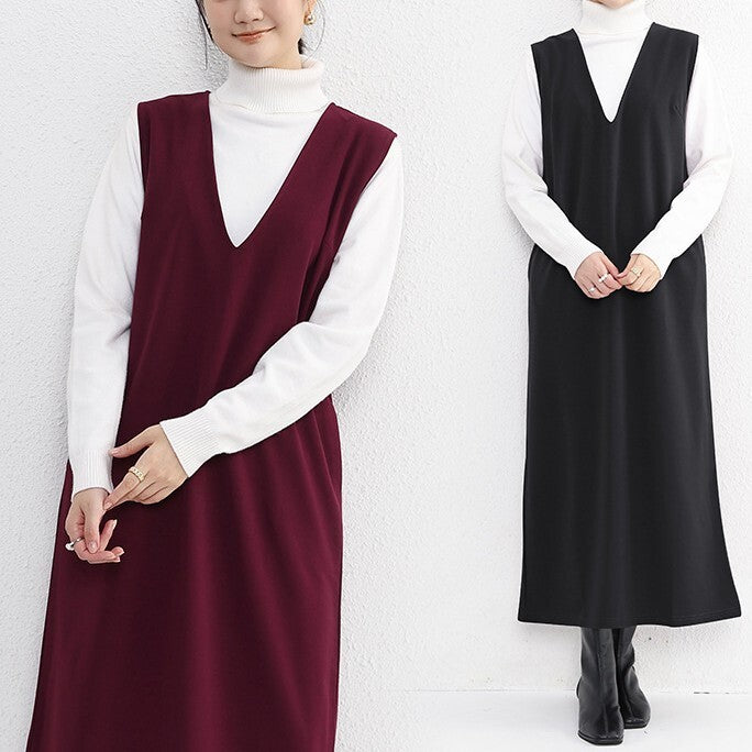 レディース スカート ボトムス ジャンパースカート 膝下 ロング マキシ 袖なし ノースリーブ Vネック Iライン フェミニン スリット かわいい 大人可愛い きれいめ シンプル カジュアル 上品 おしゃれ こなれ感 エレガント 抜け感 ベーシック 無地 秋 冬 授業参観 ミーティング ママ 通勤 学生 学校 通学 デート お出かけ 旅行 女子会 休日 ショッピング カフェ ランチ 重ね着 コーデ 楽ちん 体型カバー 普段使い 着回し レイヤード 定番 M L ゆったり 黒 茶色 カーキ ワインレッド 緑