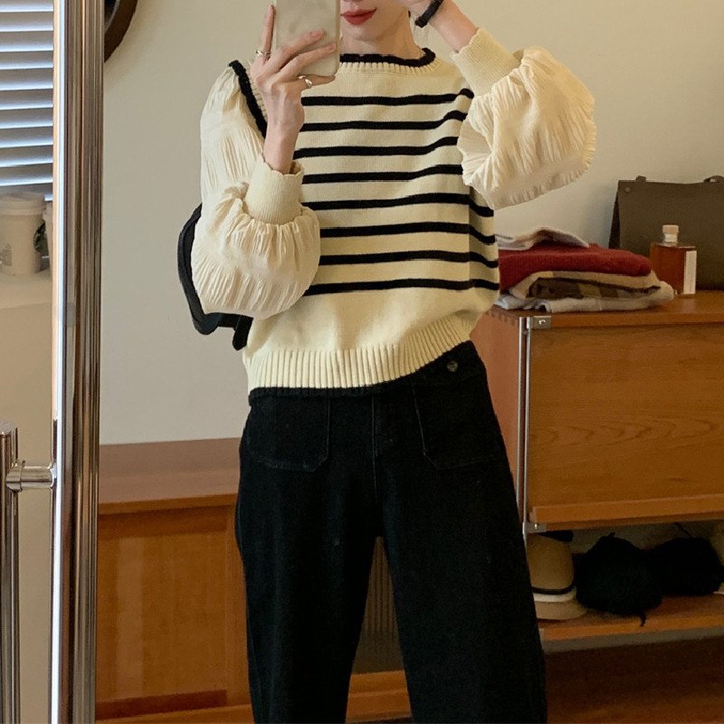 レディース トップス ニット 長袖 ボーダー ストライプ チェック柄 ゆったり 春 体型カバー 春夏 ラウンドネック セーター プルオーバー タイ ポリエステル