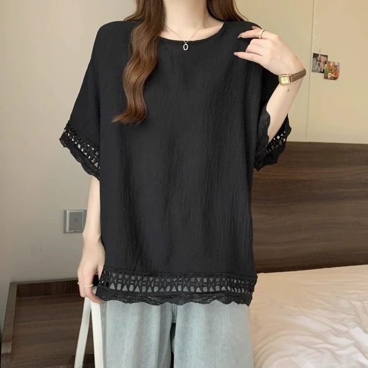 トップス 半袖 無地 ゆったり 春夏 カジュアル 大きいサイズ 春 夏 ラウンドネック レース シンプル ミモレ ポリエステル