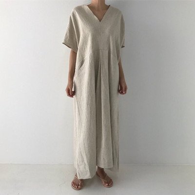 ドレス 半袖 無地 春夏 Vネック 春 夏 シンプル ロング 大きい