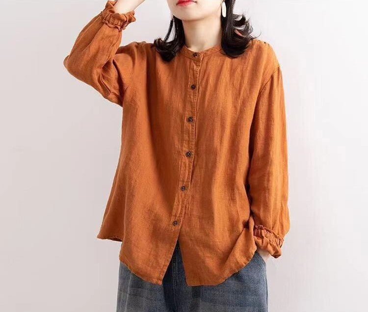 バンドカラー レディース トップス シャツ ブラウス 前開き ミディアム 長袖 ドロップショルダー ラウンドネック フリル ボタン シンプル カジュアル おしゃれ レトロ こなれ感 ラフ カントリー ナチュラル 無地 春 秋 ママ 通勤 学生 通学 デート お出かけ お泊まり アウトドア 旅行 公園 女子会 休日 ショッピング お花見 カフェ ランチ お家時間 普段使い 着回し 定番 M L XL 2XL 3XL 大きいサイズ ゆったり ブラック ブラウン オフホワイト ピンク オレンジ くすみ