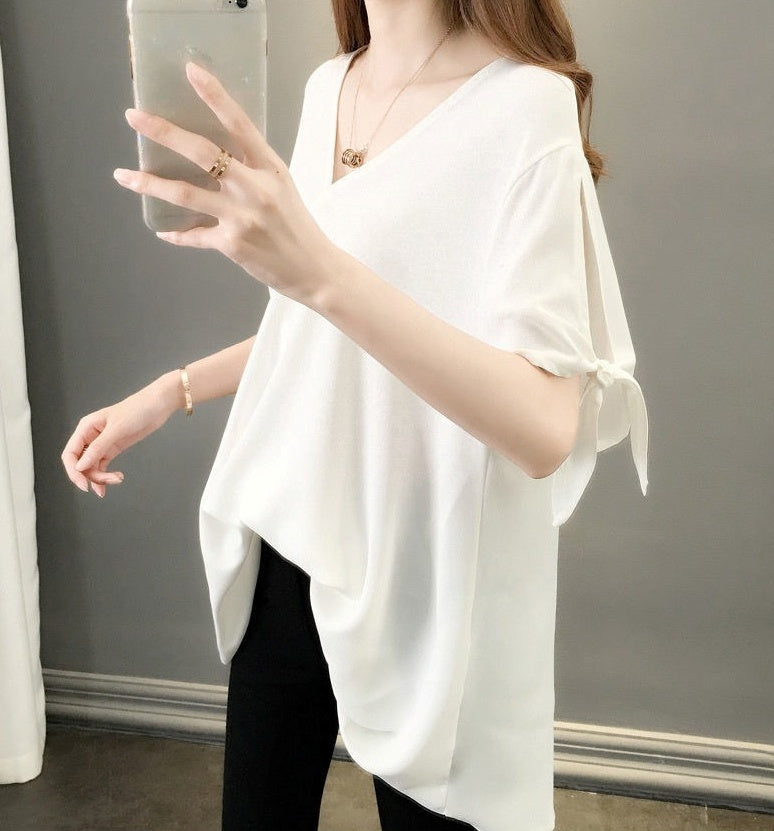 トップス シャツ シフォンシャツ 5分袖 Vネック プルオーバー 袖リボン 肌見せ かわいい 可愛い 大人可愛い きれいめ シンプル レトロ おしゃれ かっこいい カジュアル こなれ感 個性的 魅力的 主役級 存在感 抜け感 春 夏 ベーシック ナチュラル エレガント キュート ガーリー 無地 女性用 レディース ママ マタニティ OL 通勤 オフィス 学生 通学 デート お出かけ ランチ 旅行 休日 カフェ ショッピング 普段使い 着回し 重ね着 L XL 2XL 3XL 4XL 5XL 6XL