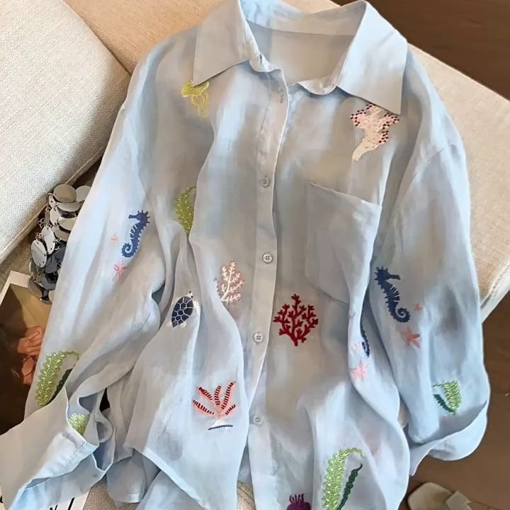 レディース シャツ 半袖 長袖 アニマル柄 春夏 前開き ミニ 春 夏 刺繍 ロング シフォン 切り替えデザイン 襟付き ブルー フェミニン ボタン UVカット