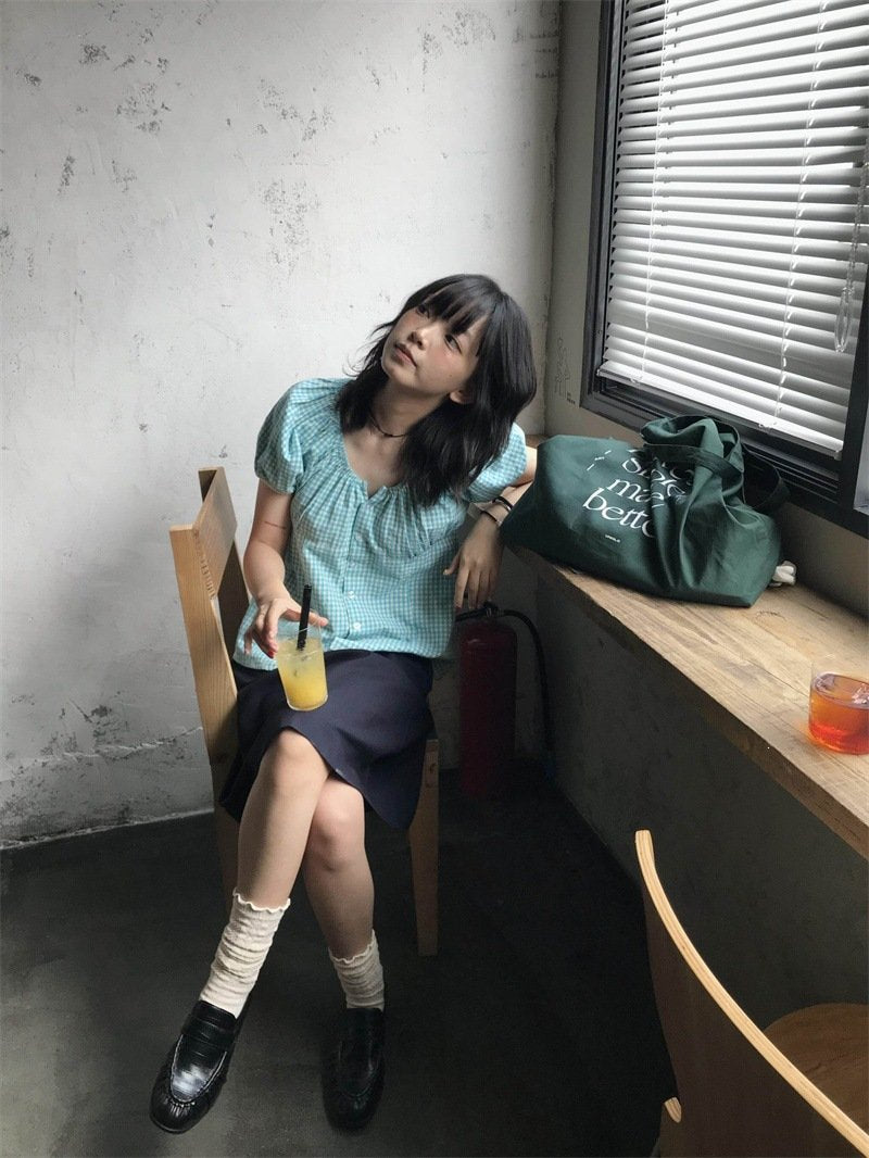 レディース シャツ トップス 半袖 チェック柄 スリム 春夏 きれいめ レトロ 通勤 韓国風 前開き Vネック 春 夏 レギュラー ボタン ポリエステル