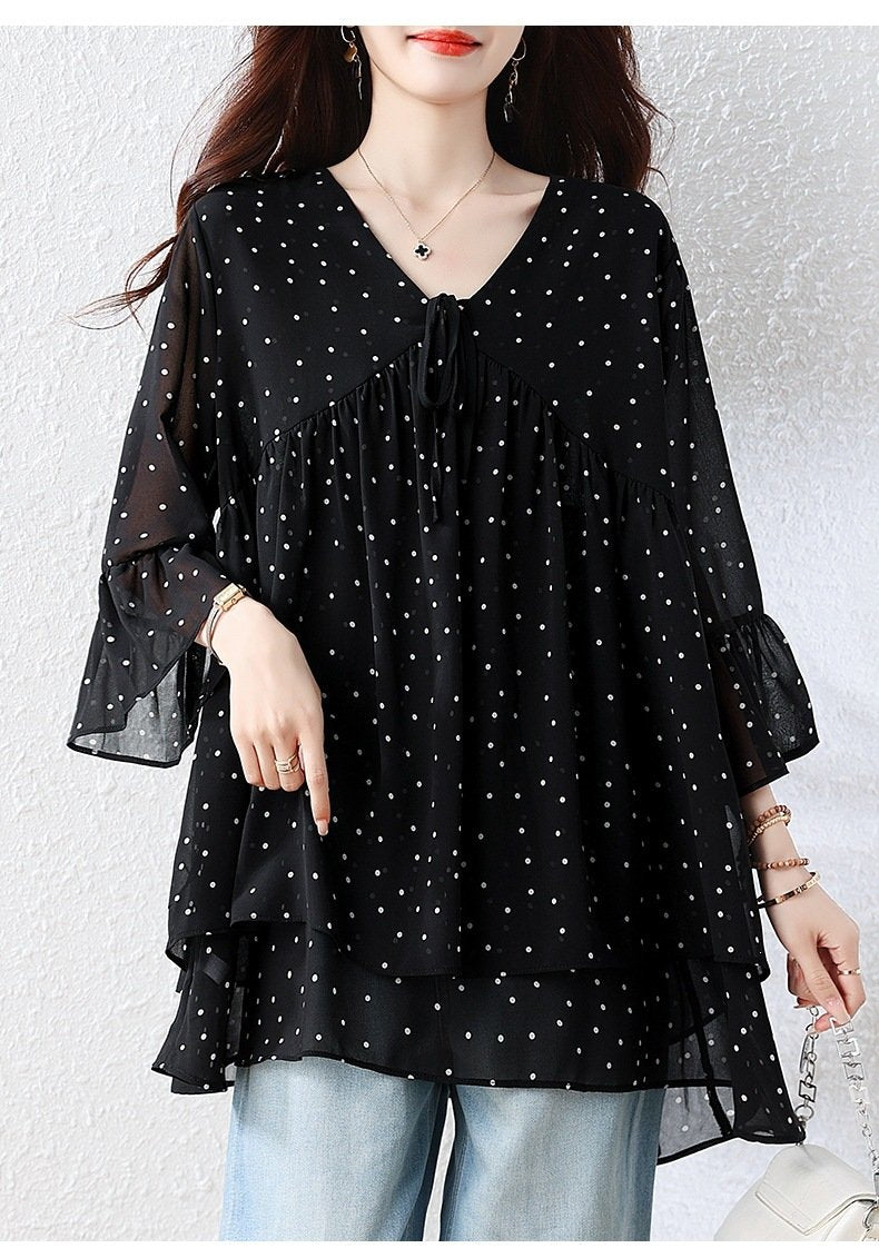 トップス ゆったり 春夏 カジュアル きれいめ 大きいサイズ Vネック 春 夏 上品 切り替えデザイン タイ レギュラー ドット