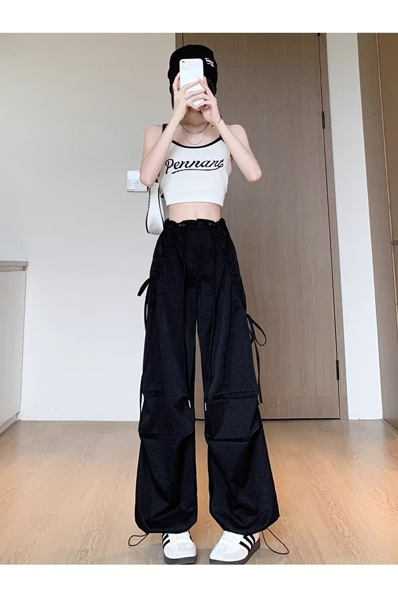 レディース パンツ ワイド カジュアル レトロ ストレート ワークパンツ 切り替えデザイン ストリート ポリエステル
