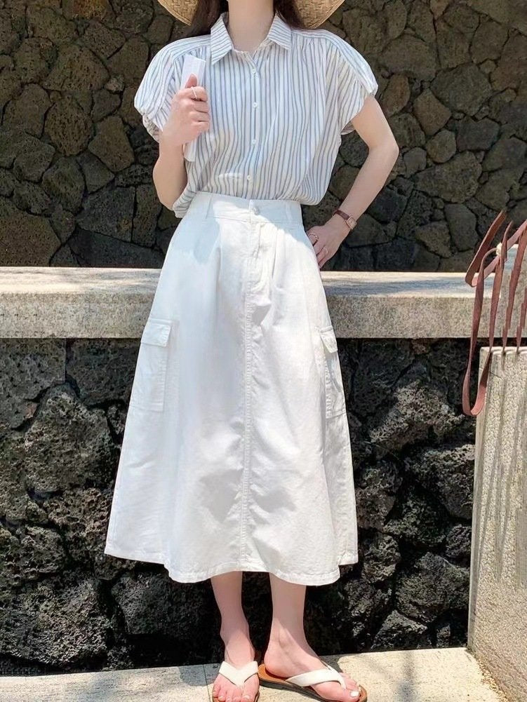 レディース シャツ トップス 半袖 ボーダー ストライプ 春夏 きれいめ 前開き Vネック 春 夏 上品 ブルー タイ ボタン