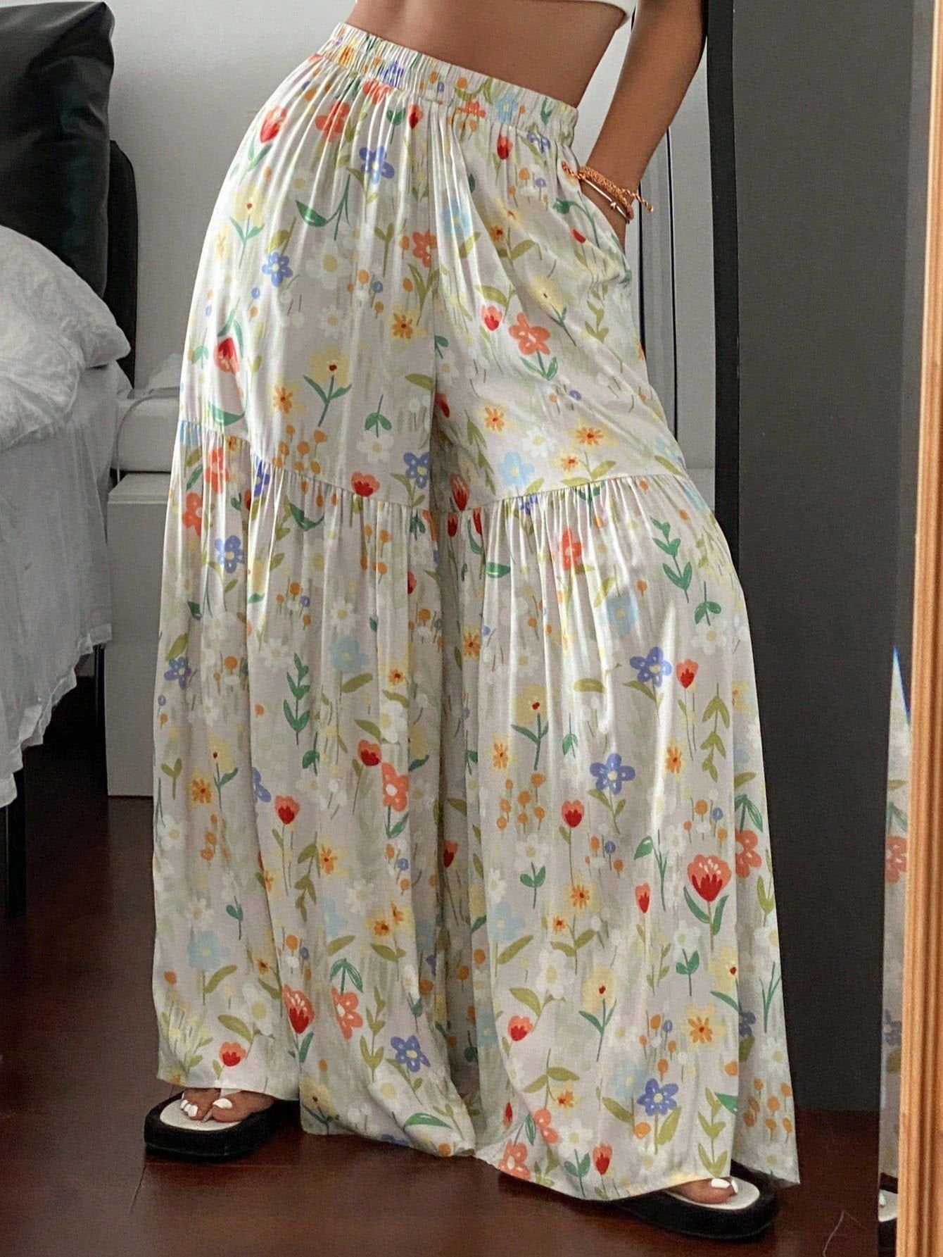 レディース パンツ ボーダー ストライプ プリント ゆったり ワイド 春夏 カジュアル ミニ 春 夏 フラワー スリム ロング ロングパンツ ワイドパンツ 薄手 ハイウエスト フェミニン ストレッチ ポリエステル
