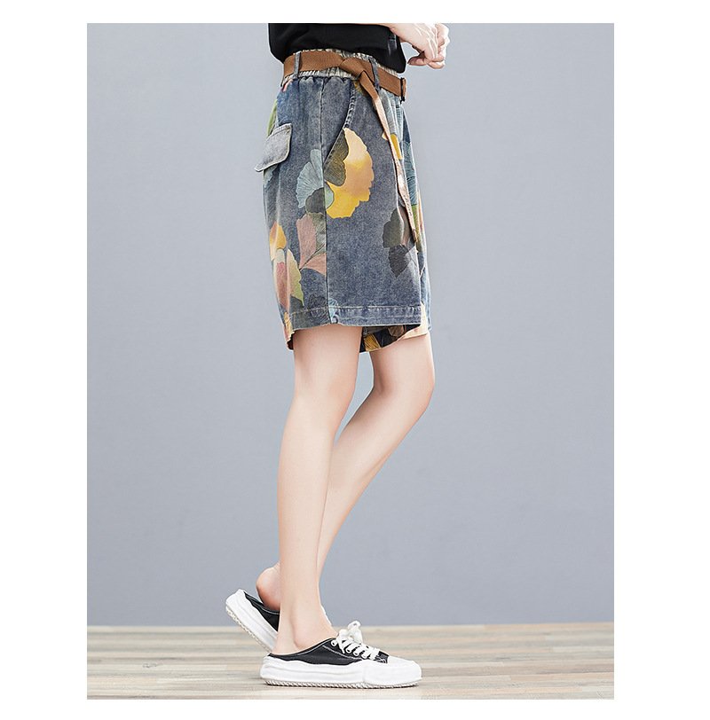 レディース パンツ プリント ワイド デニム 夏 レトロ 大きいサイズ 上品 薄手 ポリエステル